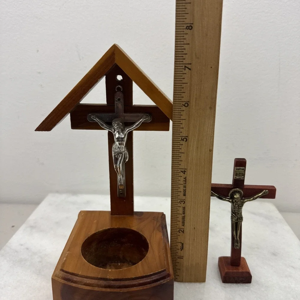 2 Vintage Wooden Crucifix Alter & Prayer Religious Candle Holder Made in USA